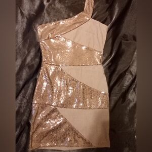 Y2K Style Gold Sequin One Shoulder Strap  Knee Length Dress Size Medium